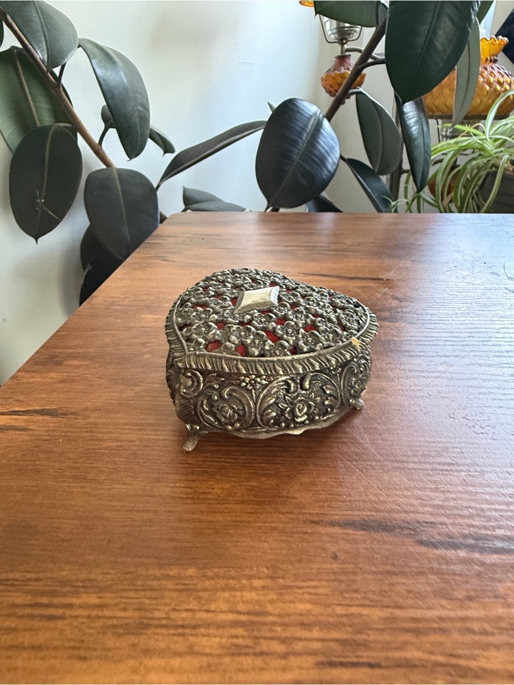 Ornate Heart-Shaped Decorative Jewelry Box - Silver with Red Accents vintage